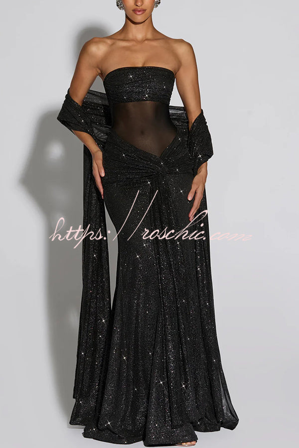 Sequined Mesh Off Shoulder Ruched Maxi Dress for Parties