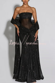 Sequined Mesh Off Shoulder Ruched Maxi Dress for Parties