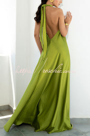 Satin Halter Backless Maxi Dress – Sleeveless Vacation Wear