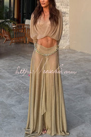 Metallic Knit Long Sleeve Crop Top and Maxi Skirt Set