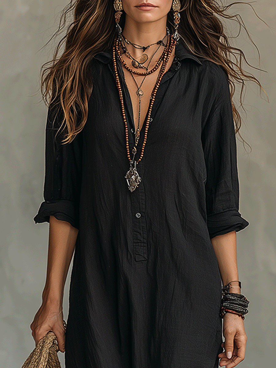 Black Bohemian Button-Front Maxi Dress