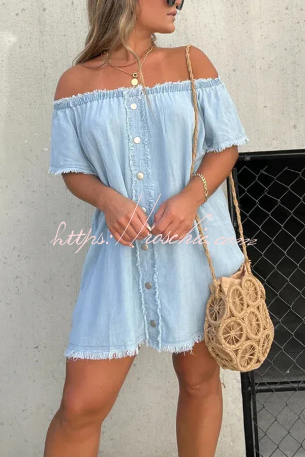 Off-Shoulder Denim Mini Dress – Loose Fit Short Sleeve
