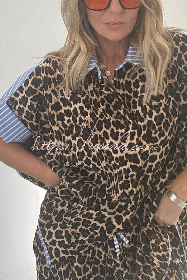 Leopard Print Colorblock Oversized Shirt & Loose Pants Set