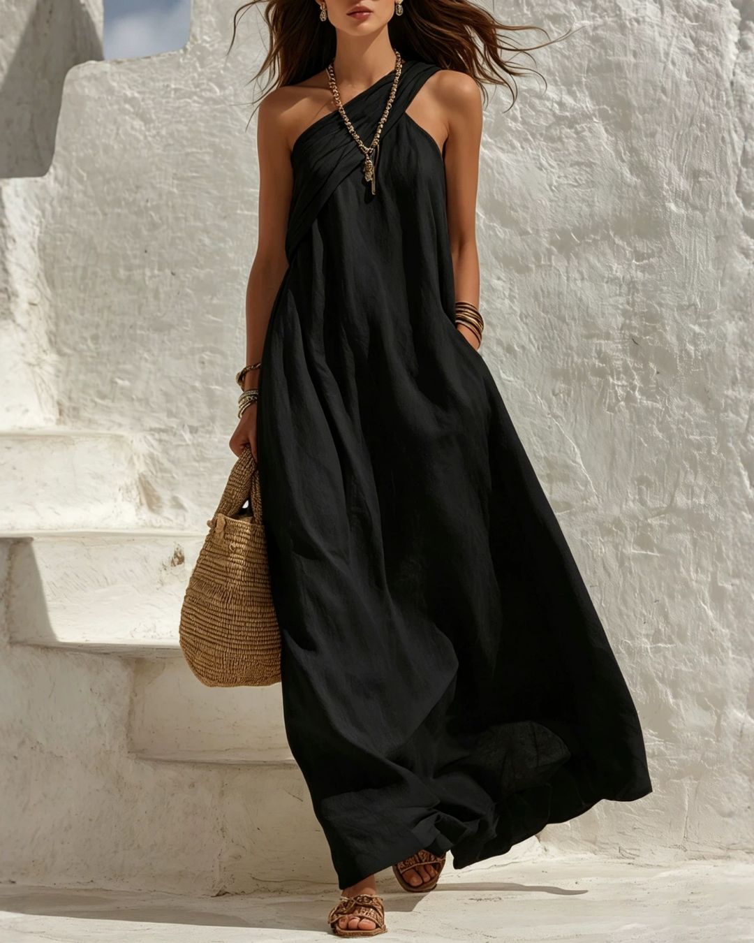 One-Shoulder Twist Ruched Loose Dress