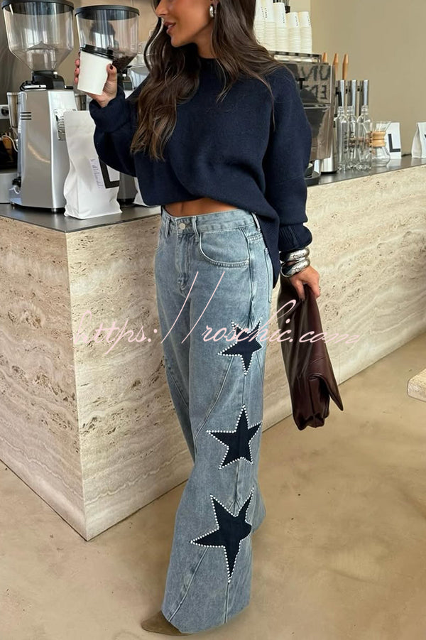 Jean en denim à jambe large pour femme avec poches à imprimé étoiles