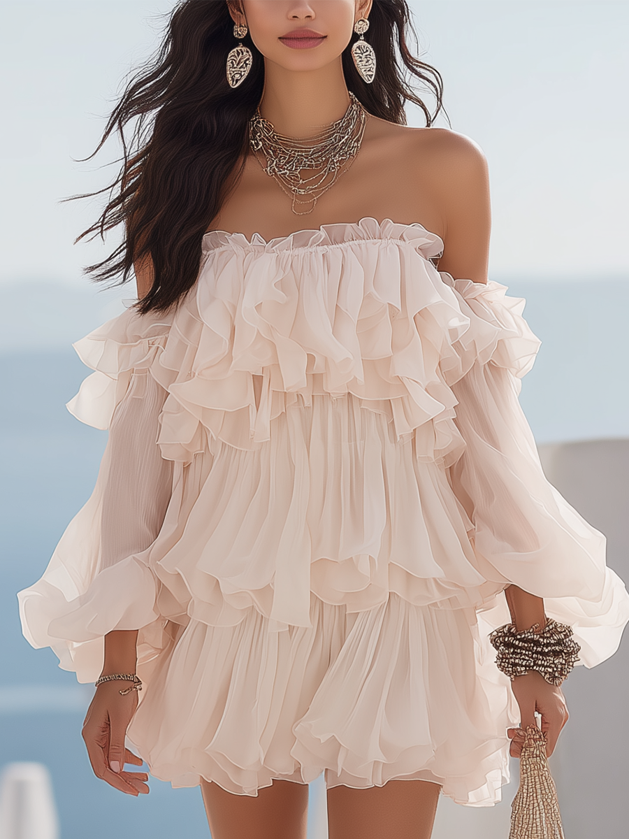 Off-White Chiffon Ruffled Short Dress | Resort Style