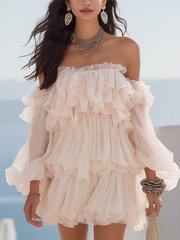 Off-White Chiffon Ruffled Short Dress | Resort Style