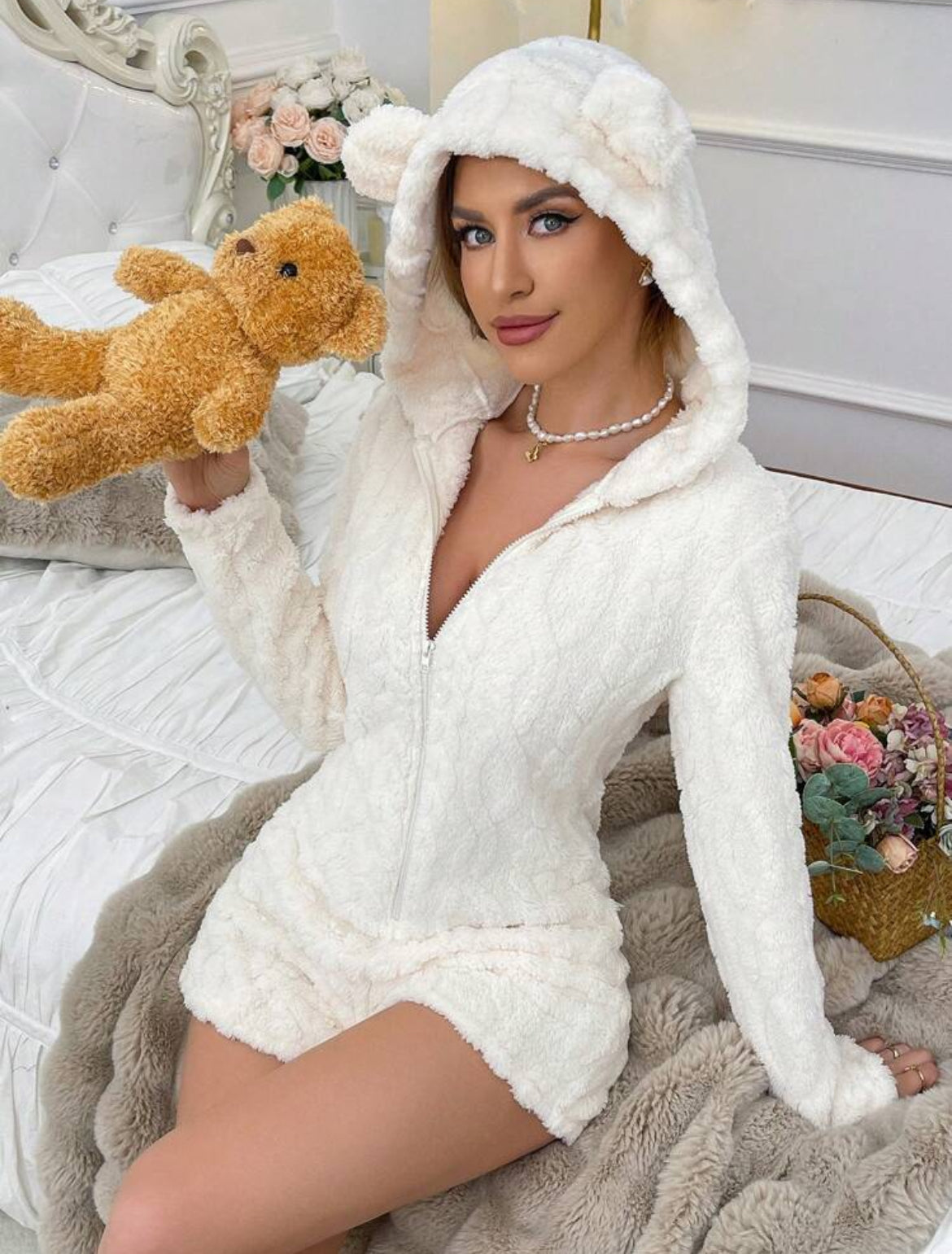 Teddy Bear Embroidered Hooded Fleece Sweatshirt for Women