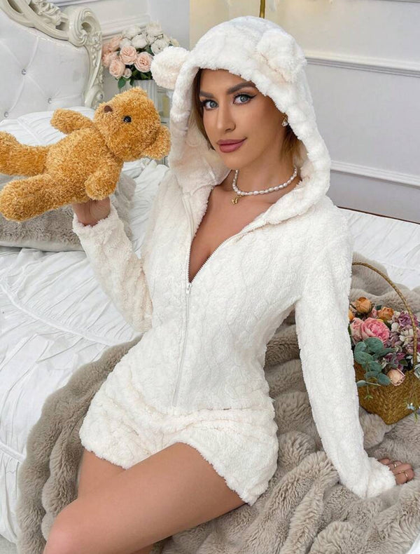 Teddy Bear Embroidered Hooded Fleece Sweatshirt for Women