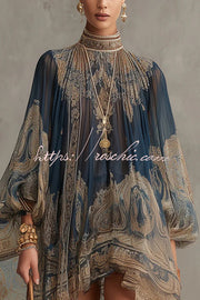 Baroque Print Chiffon Mini Dress with High Neck & Bell Sleeves