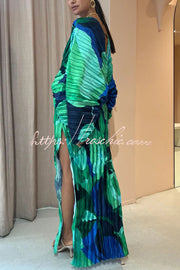 Tropical Print Kimono Sleeve Pleated Cocoon Maxi Dress