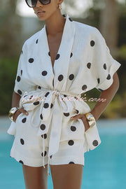 Linen Blend Polka Dot Kimono Top & Shorts Set