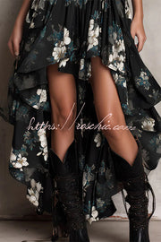 Floral High-Low Ruffle Dress – Sleeveless Loose Fit