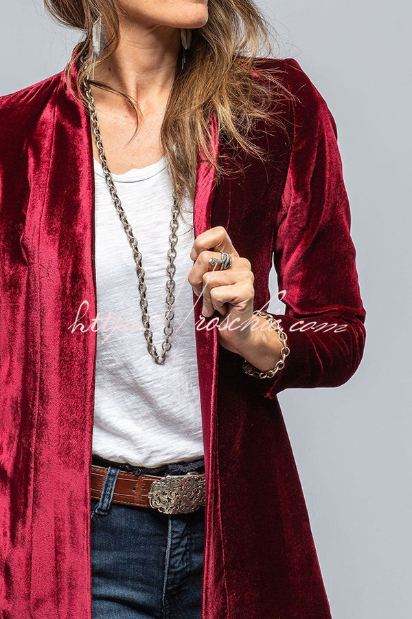 Women's Velvet Long Coat with Pockets and Slit Hem