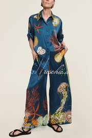 Linen Blend Printed Lapel Short Sleeve Shirt & Wide Leg Pants Set