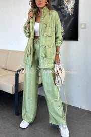Metallic Wide Leg Pants with Elastic Waist & Pockets