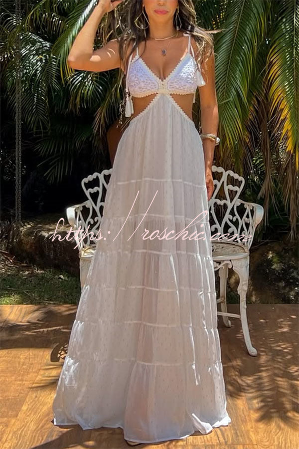 Polka Dot Chiffon Maxi Dress with Crochet Tassel Straps