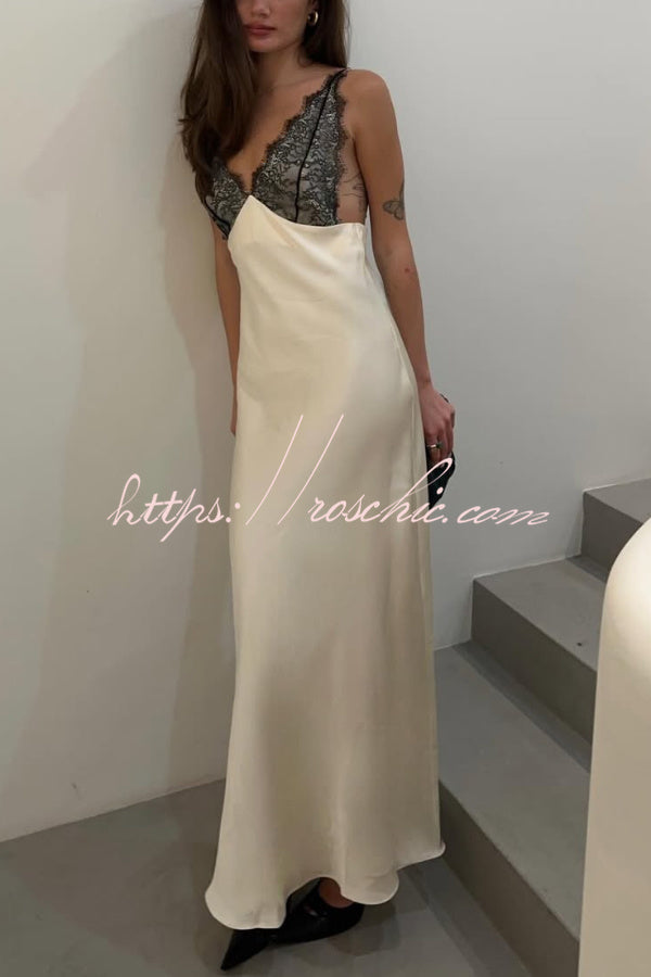 Satin Lace Patchwork Backless Maxi Dress – Slim Fit