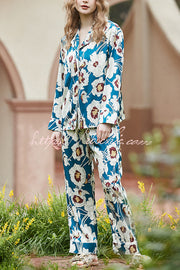 Blue & White Floral Print Long Sleeve Two-Piece Set