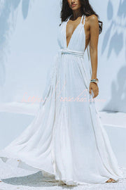 Linen Blend Halter Maxi Dress – Deep V Backless Cover Up