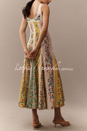Robe longue florale en lin mélangé à blocs de couleurs – Col en cœur
