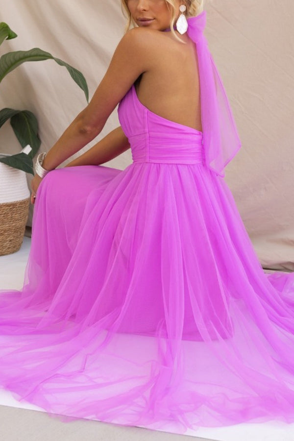 Tulle Halter Maxi Dress with Gathered Detail