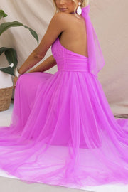 Tulle Halter Maxi Dress with Gathered Detail