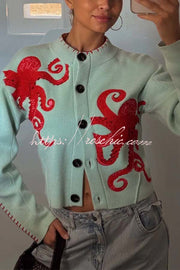 Octopus Graphic Knit Cardigan – Loose Fit Button-Up Sweater