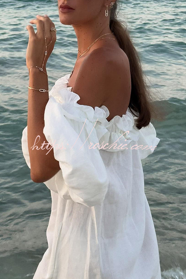 Linen Blend Off Shoulder Midi Dress with Pockets