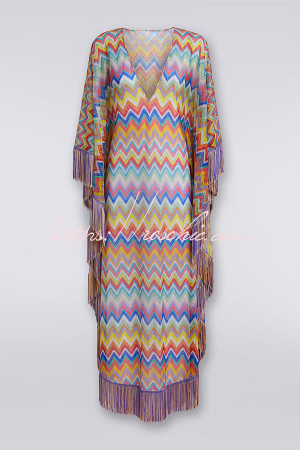 Knit Zigzag Fringe Trim Vacation Maxi Dress | One Size