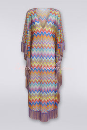 Knit Zigzag Fringe Trim Vacation Maxi Dress | One Size