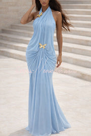 One Shoulder Mesh Maxi Dress with Butterfly Metal Clips