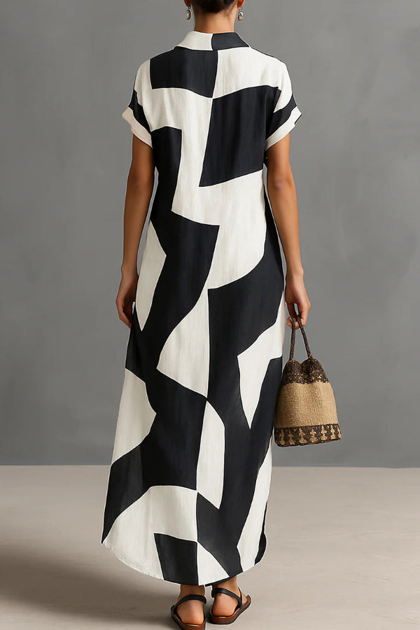 Geometric Print Lapel Maxi Dress – Loose Fit Vacation Dress