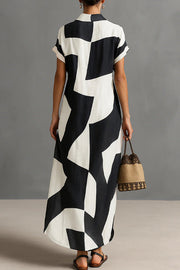 Geometric Print Lapel Maxi Dress – Loose Fit Vacation Dress