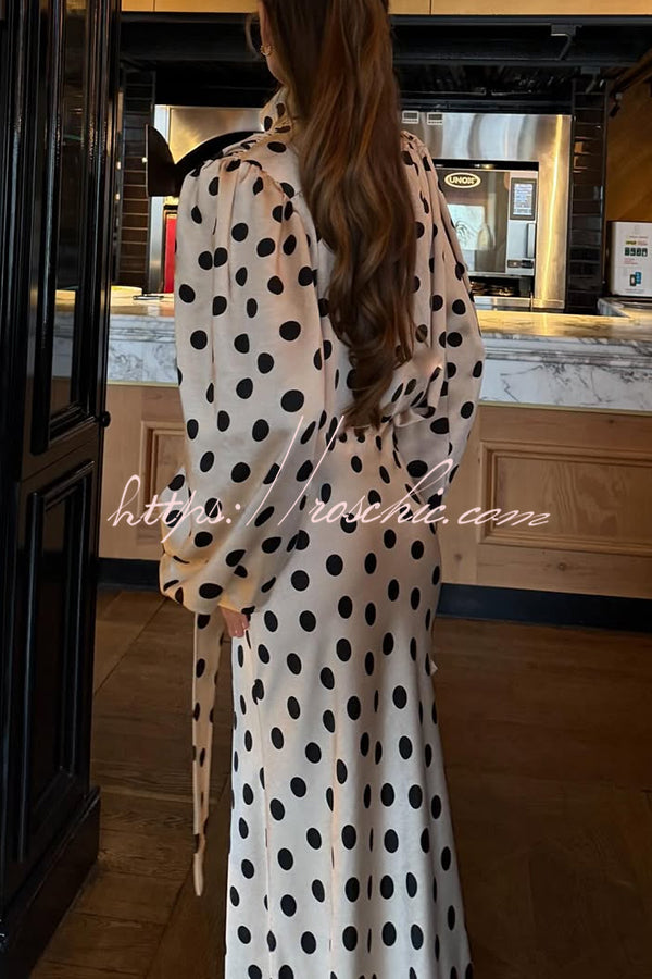 Satin Polka Dot Balloon Sleeve Blouse with Tie-up V-Neck