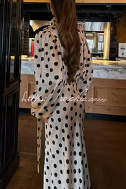 Satin Polka Dot Balloon Sleeve Blouse with Tie-up V-Neck