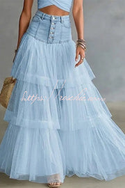 Y2K Fairycore Tulle Maxi Skirt with Denim Corset Waist