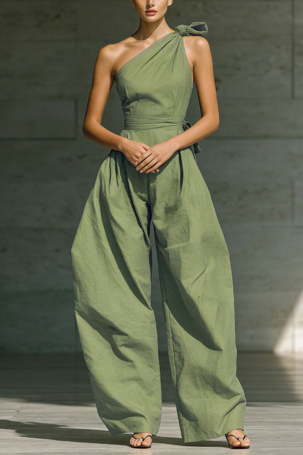 One-Shoulder Sleeveless Wide-Leg Jumpsuit with Pockets