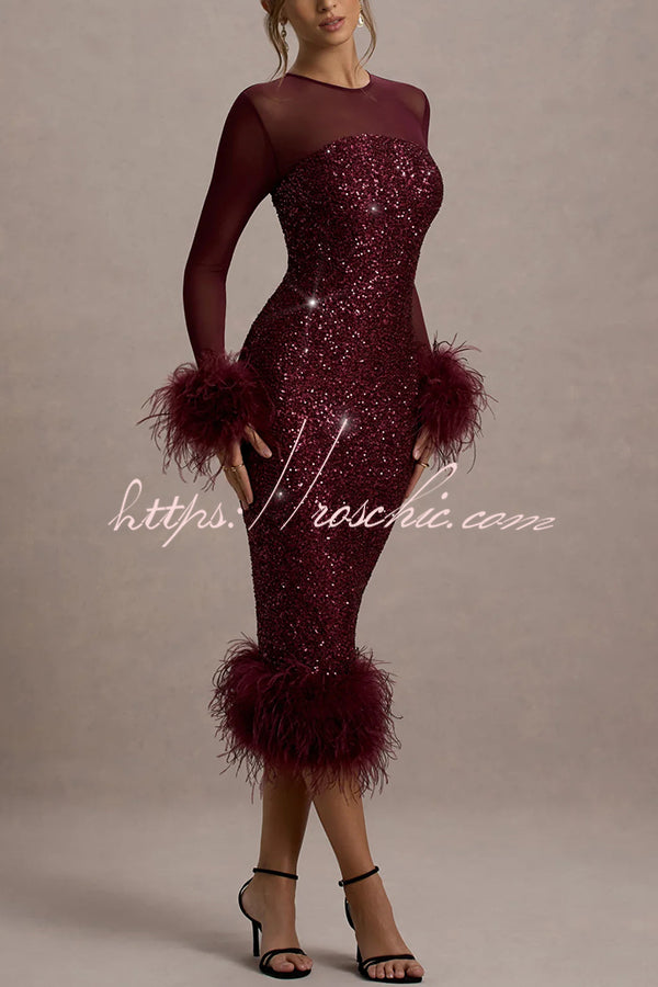 Sequin Feather Trim Midi Dress – Long Sleeve Party Dress