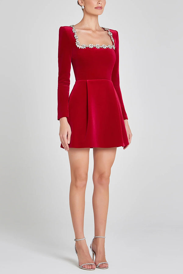 Black Velvet Mini Dress with Jeweled Trim & Long Sleeves
