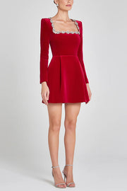 Black Velvet Mini Dress with Jeweled Trim & Long Sleeves