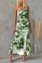 Floral Mesh One Shoulder Ruched Maxi Dress