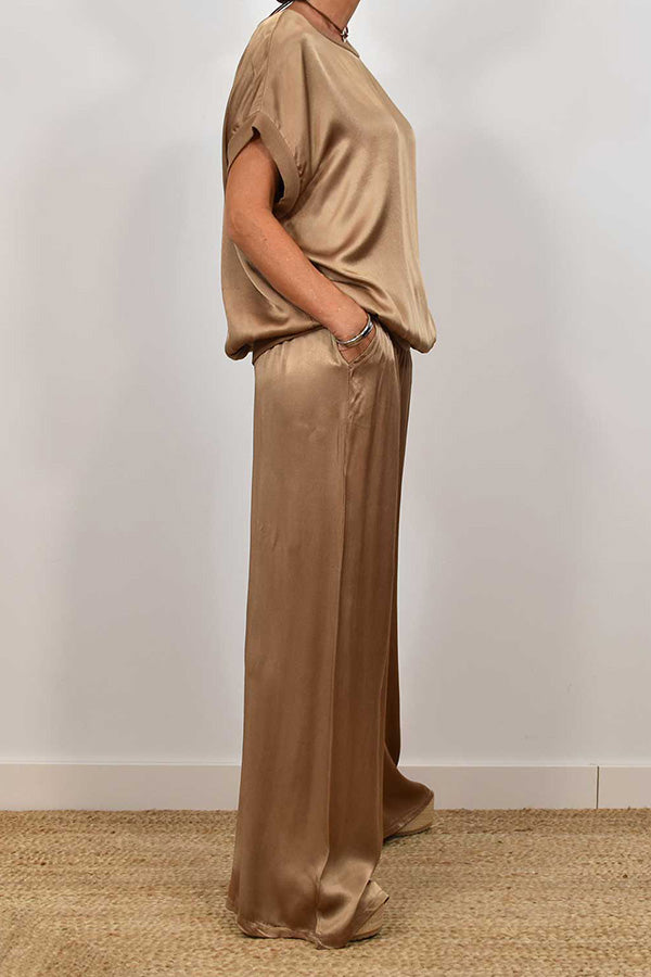 Satin Wide-Leg Pants Set with Short-Sleeve Top