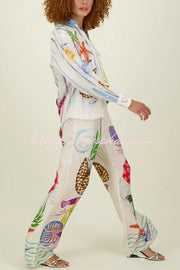 Satin Ocean Print Oversized Button-Down Blouse