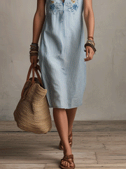 Boho Striped Embroidered Sleeveless Midi Dress