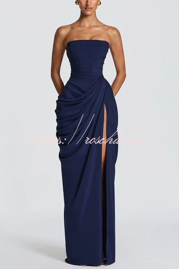 Chiffon Strapless Maxi Dress with Asymmetrical Pleats & Slit