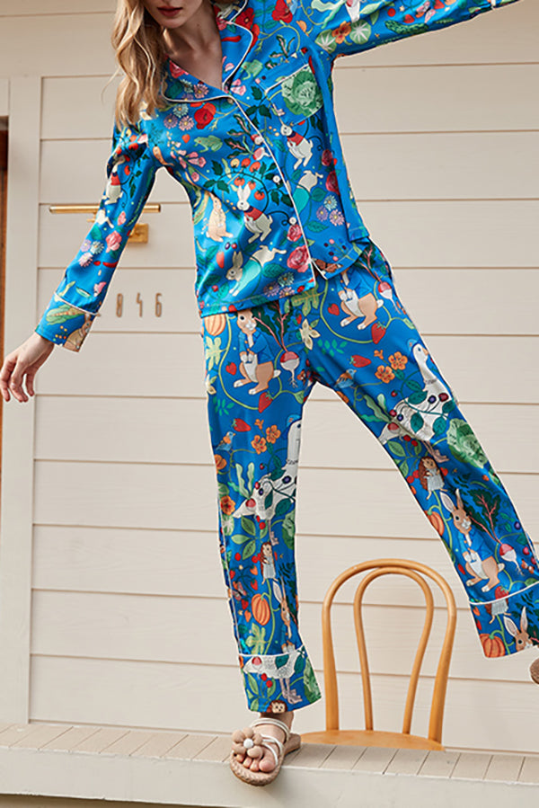 Carrot Rabbit Print Long Sleeve Two-Piece Lounge Set
