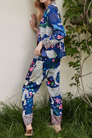 Blue Snow Leopard Print Long Sleeve Two-Piece Lounge Set