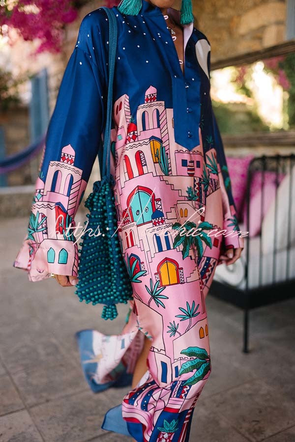 Satin Print Button-Up Kaftan Midi Dress with Long Sleeves