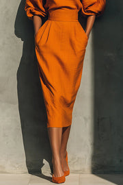 Puff Sleeve High-Waisted Midi Dress with Pockets